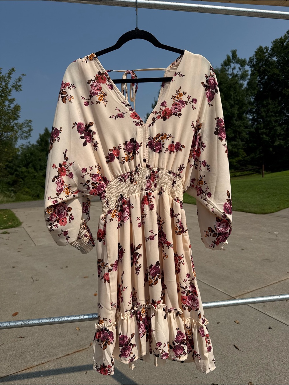 Cream Floral V-Neck Smocked Waist Dress